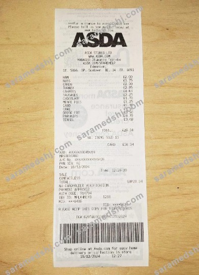 Asda store payment receipt